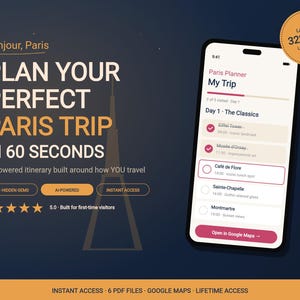 Puede incluir: Una interfaz de planificador de viajes digital en la pantalla de un teléfono inteligente que muestra un itinerario de París con una lista de lugares como la Torre Eiffel y el Museo de Orsay, sobre un fondo azul oscuro con el texto Plan Your Perfect Paris Trip.