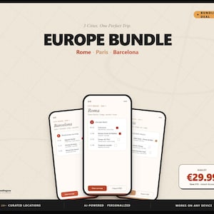 PAQUETE París - Barcelona - Roma / 3 planificadores de ciudades con IA / Guía de viaje europea con Google Maps, más de 180 joyas ocultas
