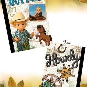 May include: Notebook with a cowboy theme. The front cover features a cartoon cowboy with a hat and the name "DUTTON". The back cover says "Howdy" with a sheriff's badge, cactus, and a cowboy hat.