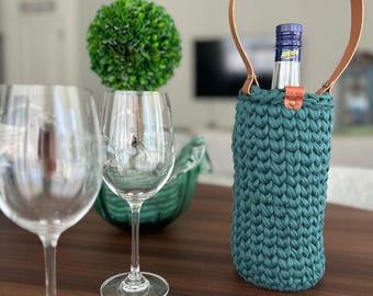 Wijntashouder Handgemaakte gehaakte wijntas Housewarming cadeau-ideeën Wijndraagtas Wijnflestas Rustiek gehaakte wijnhouder