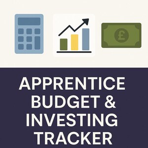 Könnte beinhalten: Illustration mit einem hellblauen Taschenrechner, einem Balkendiagramm mit einem Pfeil nach oben und einer grünen Banknote mit dem Pfund-Symbol. Der Text "APPRENTICE BUDGET & INVESTING TRACKER" wird darunter angezeigt.
