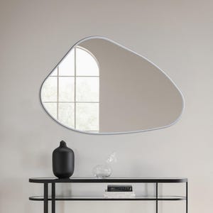 May include: A modern interior scene featuring a black console table with a glass top and a unique, organic-shaped mirror. A black vase and a small glass object sit on the table. A potted plant is in the corner.