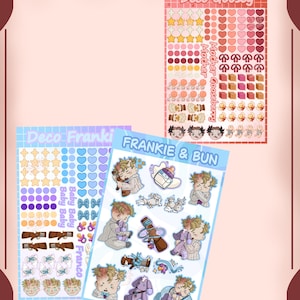 May include: Two sticker sheets featuring cartoon illustrations. One sheet titled Deco Goosey includes pink and orange hearts, stars, bows, and small character faces. The second sheet titled Frankie & Bun features a character with blonde hair, baby bottles, toys, and purple plush animals on a blue grid background.