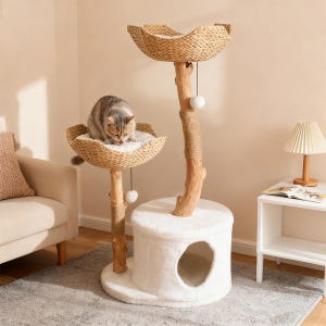天然木製キャットツリー、ラタンバスケットと爪とぎポスト付きフローラルキャットツリータワー、多頭飼い用キャット家具、キャットコンドミニアムペットタワー 画像 2