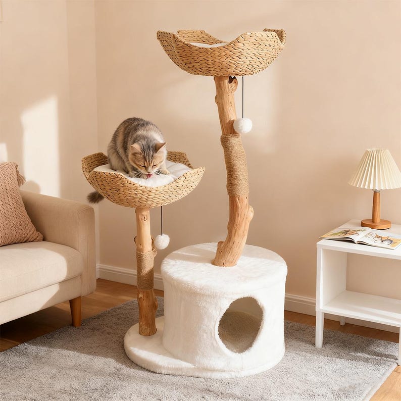 天然木製キャットツリー、ラタンバスケットと爪とぎポスト付きフローラルキャットツリータワー、多頭飼い用キャット家具、キャットコンドミニアムペットタワー 画像 2