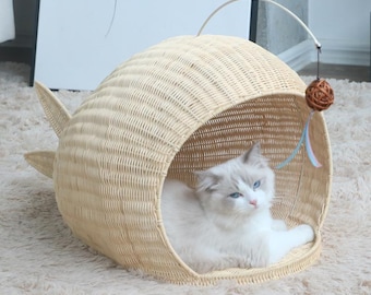 Handmade Rattan Cat Bed Fish Shape Cat House Indoor Gift for Cat Mom Wicker Cat Basket Cozy Pet Bed Cat Lover Gift Cat Cave Decor