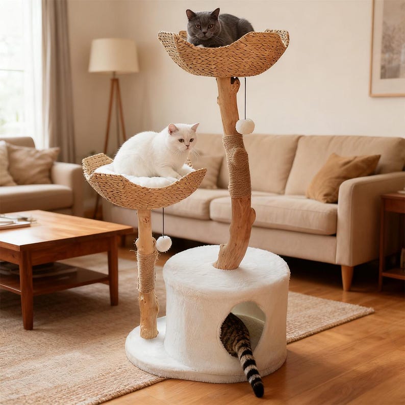 天然木製キャットツリー、ラタンバスケットと爪とぎポスト付きフローラルキャットツリータワー、多頭飼い用キャット家具、キャットコンドミニアムペットタワー 画像 5