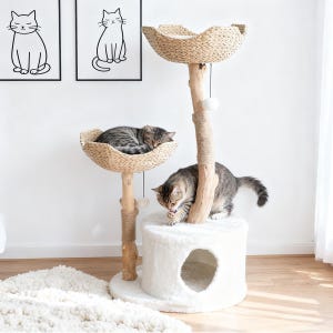 Natural Wood Cat Tree, Floral Cat Tree Tower with Rattan Baskets and Scratching Post, Cat Furniture for Multi-Cat Homes, Cat Condo Pet Tower