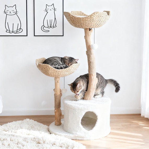 Natural Wood Cat Tree, Floral Cat Tree Tower with Rattan Baskets and Scratching Post, Cat Furniture for Multi-Cat Homes, Cat Condo Pet Tower