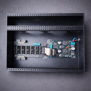 Puede incluir: Una carcasa de componentes electrónicos negra con múltiples placas de circuito y conectores. Las placas presentan varios chips, resistencias y otros componentes electrónicos. También se ve un cable plano y cableado.