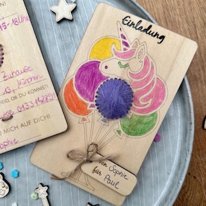 Einhorn Einladung Kindergeburtstag | DIY Bastelprojekt &  DIY Bastelset Mädchen | Bastelspaß Holzkarte und Zubehör für Einhorn Geburtstag