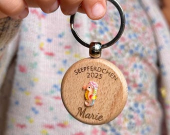 Personalized Seahorse Gift | Engraved Wooden Keychain | Swimming Badge Gift Set | Boy/Girl Gift Box