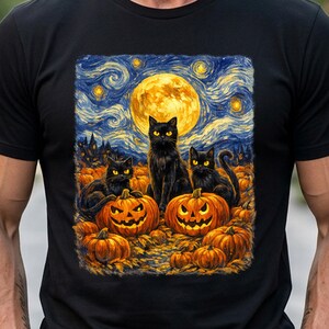 Sternennacht-Shirt mit schwarzen Katzen, Halloween-Kürbis-Motiv, Van-Gogh-Stil, Vollmond-Kätzchen, Gruselsaison, Kunstliebhaber-T-Shirt/Hoodie
