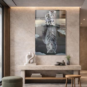 Kitten and Tiger Reflection Glass Wall Art, Inspirational Small Cat Big Tiger Print, Tempered Glass Decor, Large Glass Painting