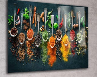 Cucharas de especias vibrantes para pared de vidrio, decoración de cocina con hierbas y especias coloridas, arte culinario grande de vidrio templado, regalo culinario moderno