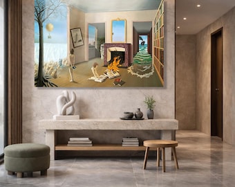 May include: Surrealist art print depicting a room with a fireplace, books, and figures. A tree and ocean scene are visible through a window. The artwork is displayed in a modern interior with a stone console, a small wooden stool, and a green ottoman.