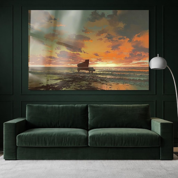 Arte mural de vidrio con piano y olas, paisaje de atardecer, arte mural de vidrio templado, decoración de pared moderna, regalo de inauguración de la casa, arte en vidrio