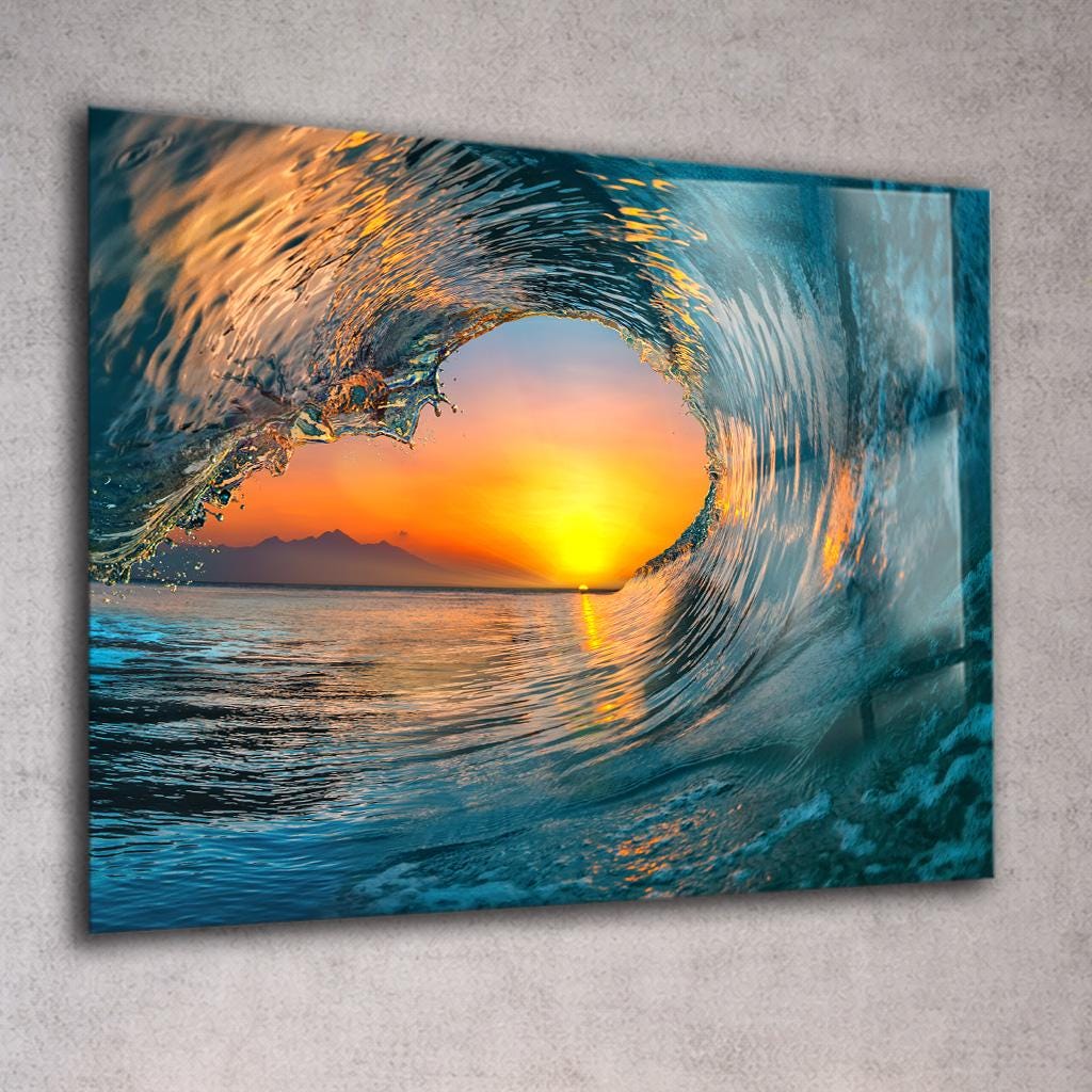 Ocean Wave Heart Sunset Glass Wall Art, Tempered Glass Print, Coastal ...