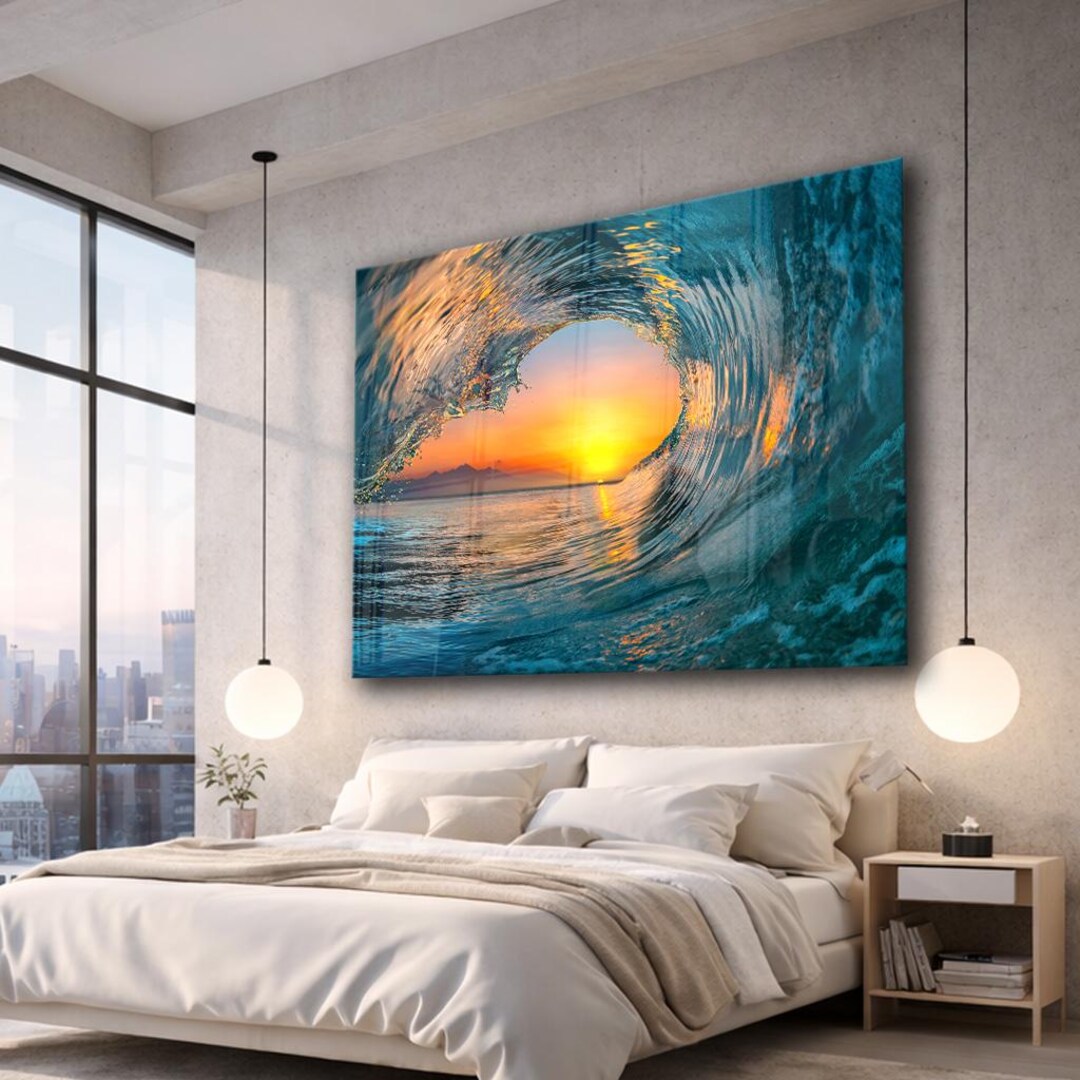 Ocean Wave Heart Sunset Glass Wall Art, Tempered Glass Print, Coastal ...