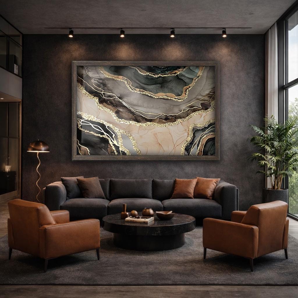 Luxury Abstract Gold and Black Glass Wall Art, Modern Fluid Alcohol Ink ...