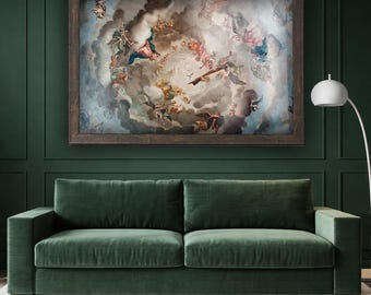May include: A large framed painting depicting a Renaissance-style scene with figures in the clouds, above a green velvet sofa. The painting has a dark wooden frame and is mounted on a dark green wall. A white floor lamp is to the right.