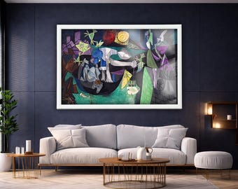 May include: Abstract art print in a white frame. The artwork features a colorful, surreal composition with figures, shapes, and a variety of colors including blue, green, and purple. The print hangs above a gray sofa.