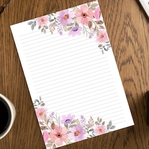 Colored Floral Lined Paper, Printable Stationery Paper, Journal Paper, Digital Download Stationary Paper, Minimalist,Set of 5