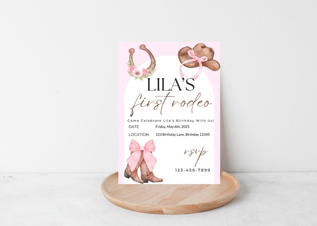 First Rodeo Birthday Girl Invitation Template Western Theme Party Card ...
