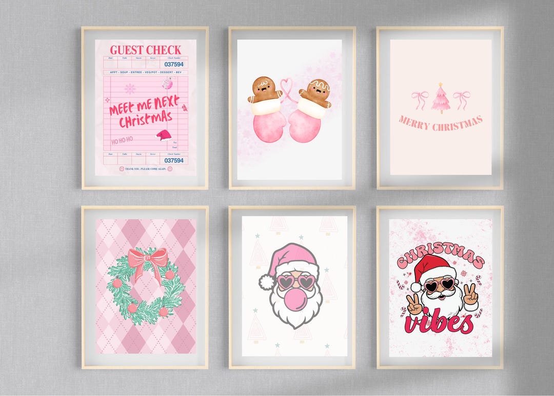 Preppy Christmas Decor: 24 Pink Printable Posters Festive Wall Art Set ...