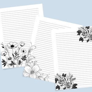 Carta a righe floreale in bianco e nero, carta da lettere stampabile, carta per diario, carta da lettere scaricabile digitalmente, minimalista, set da 40