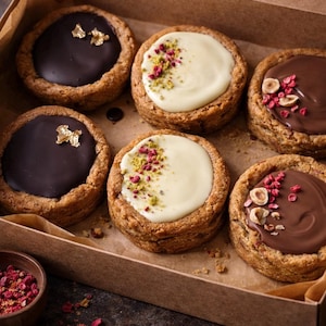 May include: A selection of six gourmet tarts in a box. Two are topped with dark chocolate and gold leaf, two with white cream, pistachio and raspberry, and two with chocolate, hazelnuts and raspberry.