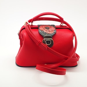 Handmade red leather doctor bag – luxury box bag, cute shoulder bag, crossbody or clutch. Perfect everyday bag & birthday gift for her!