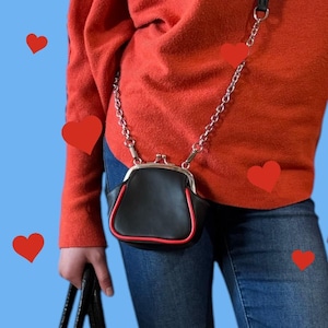 Kiss Lock Handbag, Leather Accessories, Chain Bag Charm, Clasp Purse Cute, Coin Wallet Black, Shoulder Bag for Women, Gift for Her