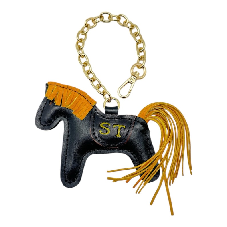 Adorno de cuero con forma de caballo para bolso – Adorno artesanal para bolso, adorno de caballo de la suerte, regalo para novia, regalo del Día de la Madre, accesorios de cuero y llavero Black/Yellow 2