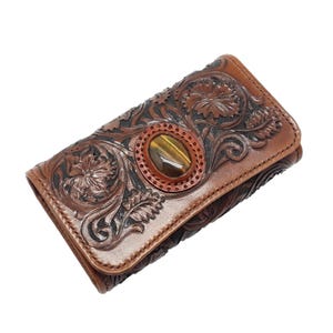 Cartera hecha a mano para mujer / Cartera marrón personalizada / Cartera grande con diseño floral / Monedero de cuero, regalo para mamá, esposa, abuela / Regalo de tercer aniversario