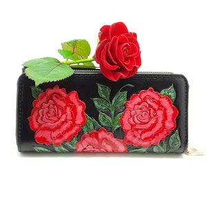 Cartera de mano de cuero negro hecha a mano • Monedero grande con flores y cremallera • Regalo personalizado para esposa, hija • Regalo de aniversario y cumpleaños