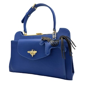 Sac en cuir bleu avec cadenas Kiss - Cartable de style rétro fait main, bandoulière ou pochette élégante, sac à main de luxe pour femme, cadeau pour elle