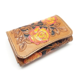 Handmade Leather Wallet Women | Custom Rose Clutch | Large Floral Purse | Personalized Gift for Mom, Grandma, Birthday or Anniversary
