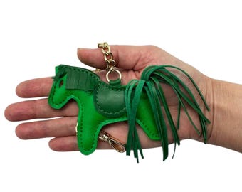 Green Leather Horse Bag Charm – Cute Keychain, Handbag Accessory, Custom Gift for Her, Girlfriend, or Women – Personalized Gift