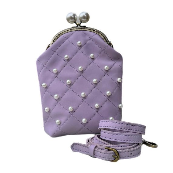Elegant Lavender Kiss Clasp Pearl Bag – Handmade Vintage Crossbody