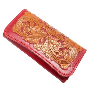 Cartera hecha a mano para mujer, cartera roja personalizada, cartera grande de cuero, monedero grande, regalo personalizado para mamá y esposa, regalo para el tercer aniversario de la abuela