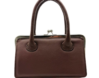 Brown Kiss Lock Bag - Leather Handbag with Horse Pendant, Clutch Handmade