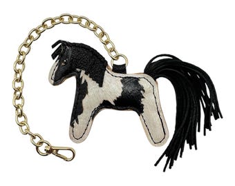 Leather Horse Charm Keychain – White/Black Bag Accessory, Handmade Purse Charm, Cute Backpack Pendant, Gift for Her, 3rd Anniversary Gift
