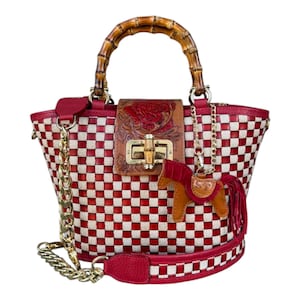 Bolso de mano con cremallera • Bolso de cuero hecho a mano • Bolso de hombro rojo • Asa de bambú • Cartera de diseñador • Regalo personalizado para ella
