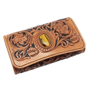 Cartera hecha a mano para mujer / Cartera marrón personalizada / Cartera grande con diseño floral / Monedero de cuero, regalo para mamá, esposa, abuela / Regalo de tercer aniversario