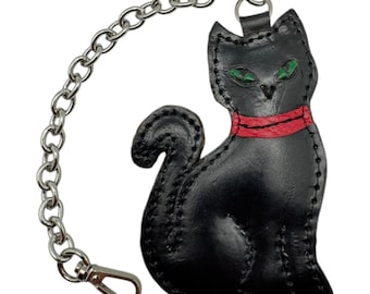 Black Cat Leather Keychain – Cute Animal Charm, Keychain for Purse, Small Gift for Cat Lovers, Sister Birthday or 3rd Anniversary Gift