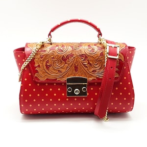 Bolso de piel con lunares en relieve para mujer, bolso de diseño hecho a mano, bolso rojo personalizado, bandolera con asa superior, regalo único para ella