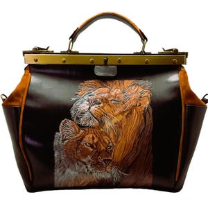 Leather Doctor Bag – Handmade Shoulder Tote, Messenger Laptop Bag, Gift for Her or Him, Lion Accessory, Unusual Anniversary Satchel