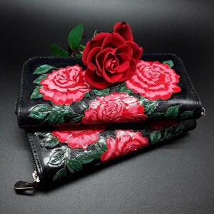 Long Leather Wallet Ladies Purse • Handmade Card Holder Clutch • Black Zipper Wallet • Engraved Red Roses • Designer Everyday Bag