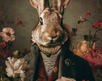 Colección Noble Hare: 5 retratos victorianos de liebres, arte floral vintage para pared, láminas de estilo cottagecore oscuro, descarga digital